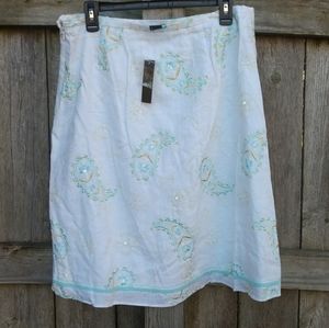 NWT 100% Linen Grace Elements Embroidered Paisley Flowers on Midi Skirt Size 12